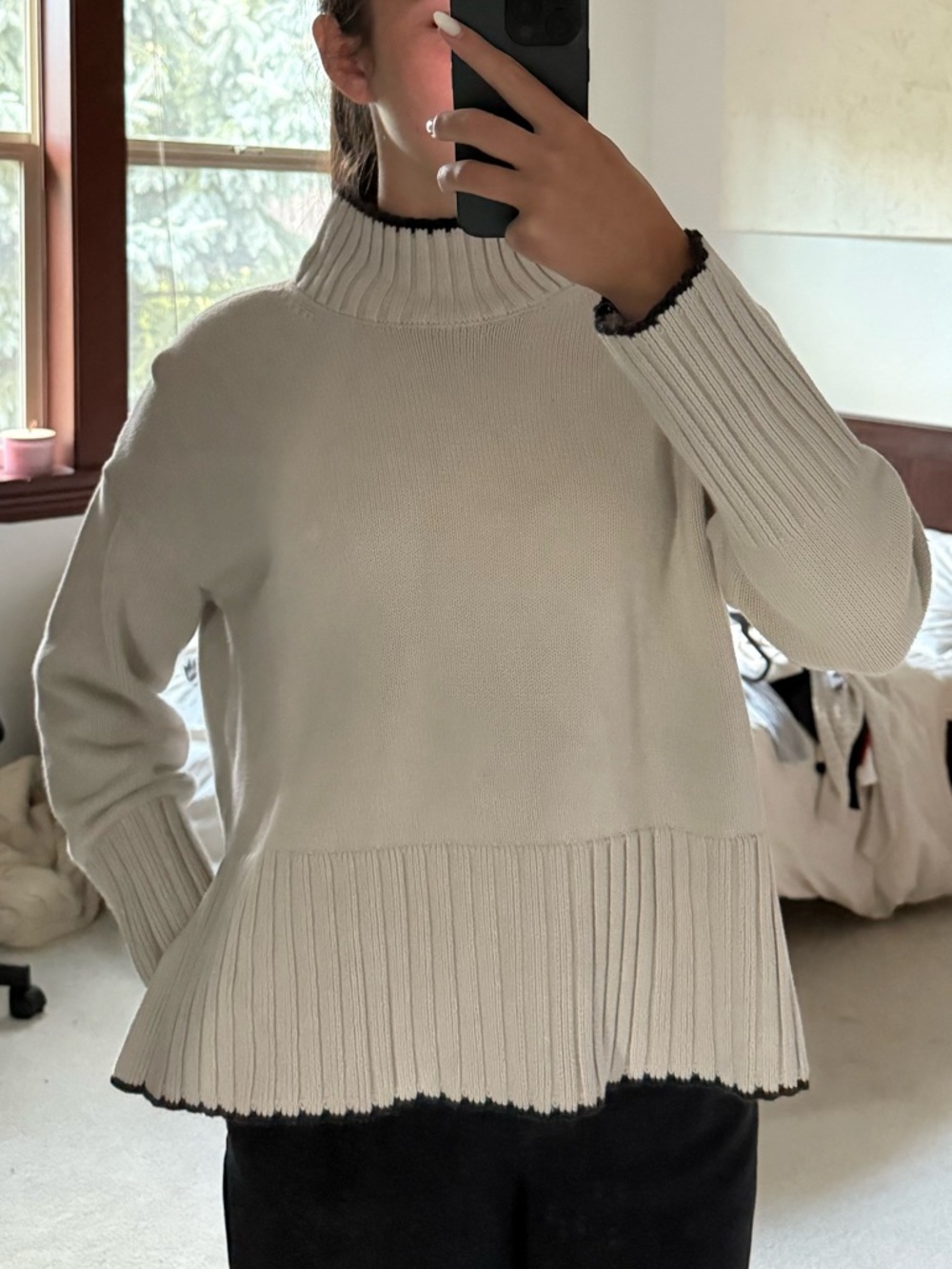 GAP Cream Ribbed Cowl-Neck Sweater with Black Trim